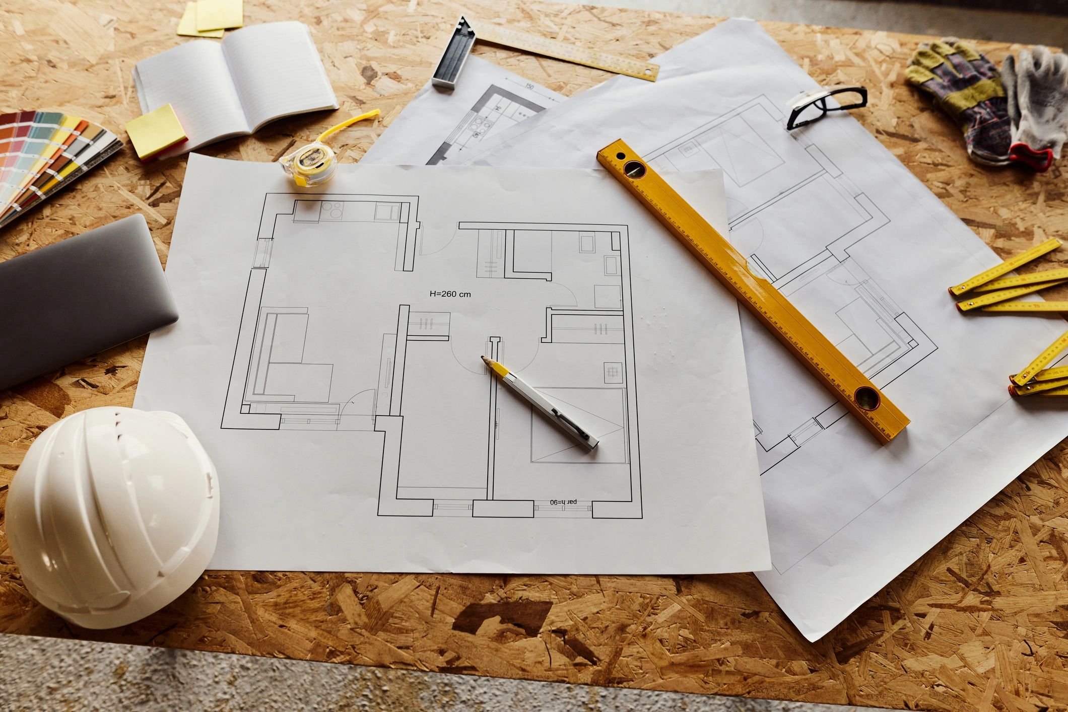 Blueprints and tools used for renovation planning