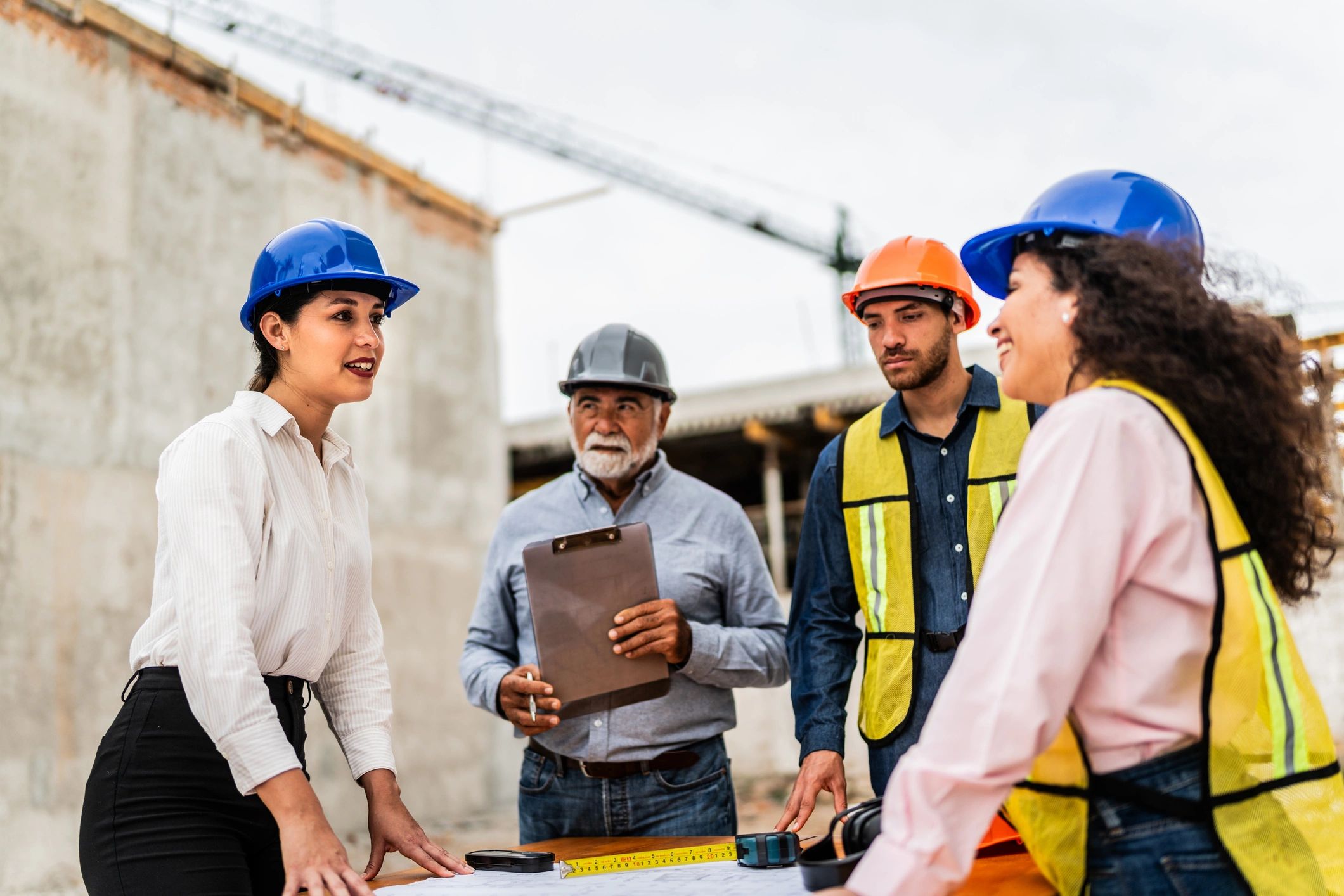 Contractor team reviewing plans on a job site
