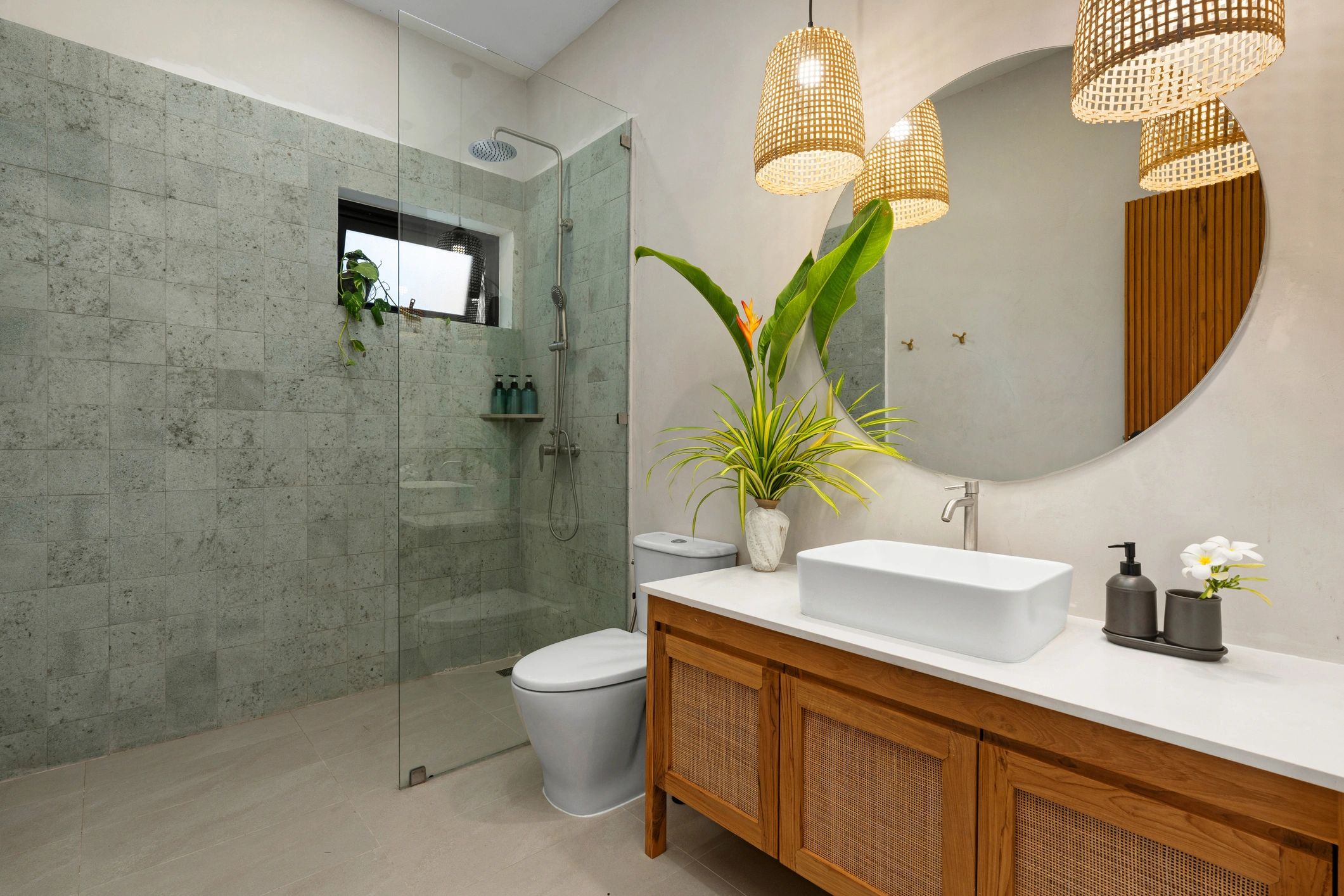 Updated bathroom with walk-in shower and wood vanity