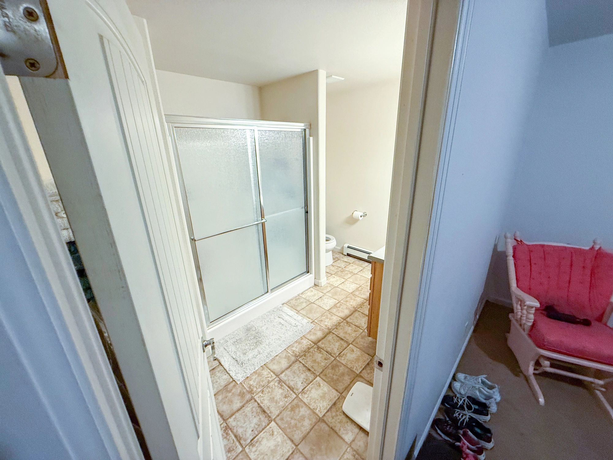 Bathroom interior with shower enclosure and vanity